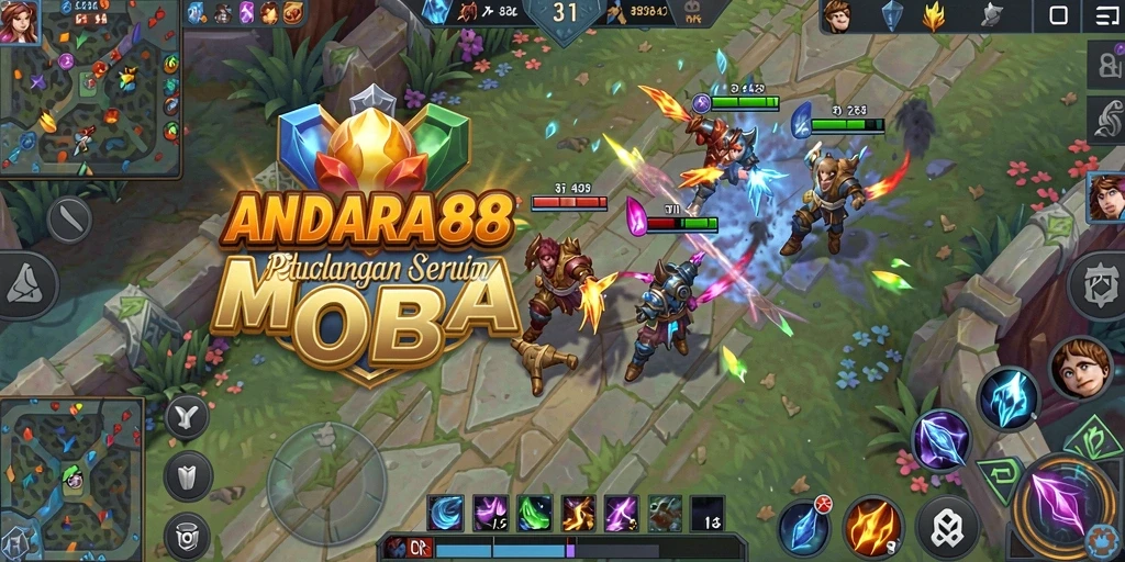 Tangkapan layar permainan ANDARA88 menunjukkan aksi seru dalam pertempuran MOBA.