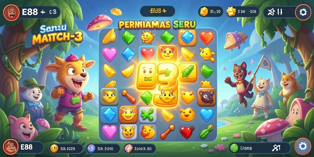Screenshot utama E88 menampilkan gameplay seru Match-3 yang penuh warna.