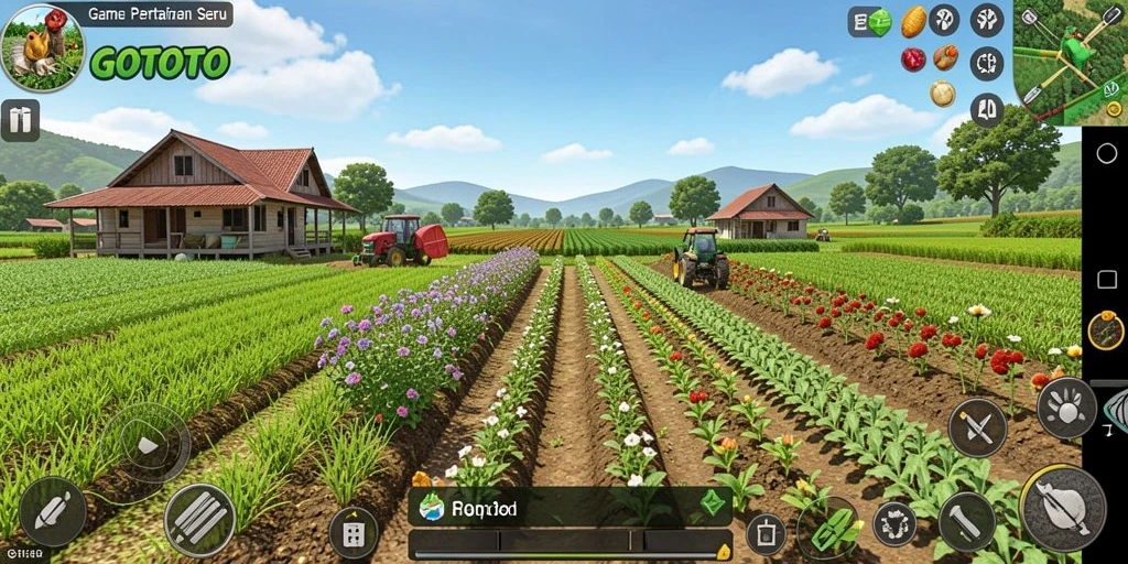 Tangkapan layar gameplay GOTOTO menampilkan ladang yang subur dan hewan ternak yang sehat.