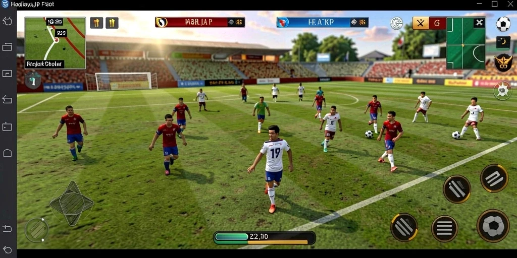Screenshot menampilkan aksi permainan sepak bola yang seru dan dinamis.