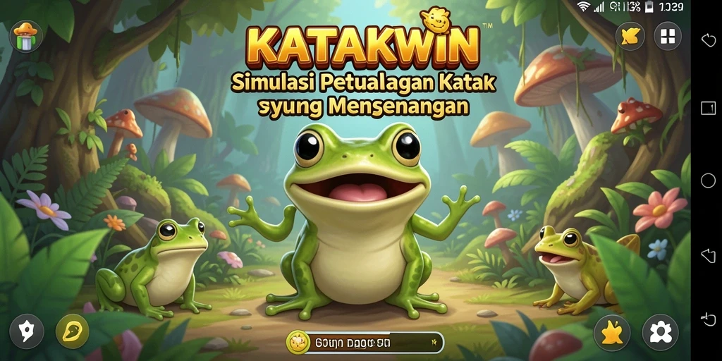 Tangkapan layar KATAKWIN menampilkan aksi katak melompat dan menjelajah.