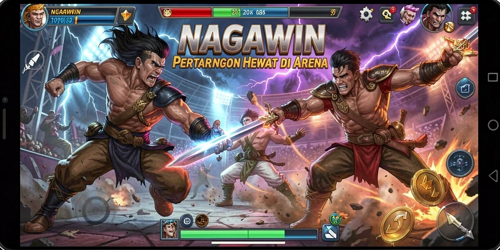 Gameplay NAGAWIN menampilkan pertarungan seru antar karakter dengan grafis memukau.