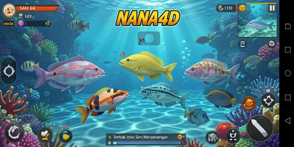 Screenshot gameplay NANA4D menampilkan serunya menembak ikan.