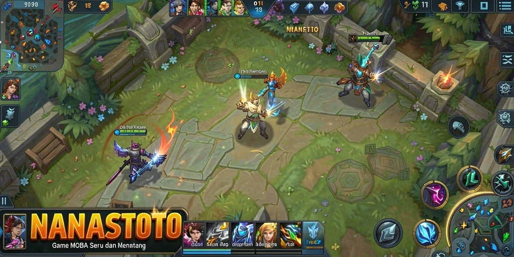 Screenshot utama NANASTOTO menampilkan aksi seru dalam pertempuran MOBA.