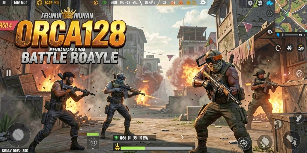 Screenshot gameplay ORCA128 yang menunjukkan pertempuran intens di arena Battle Royale.