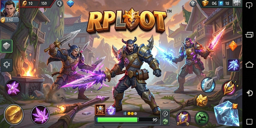 Screenshot utama RPLOOT menampilkan pertarungan epik antara karakter dalam arena.