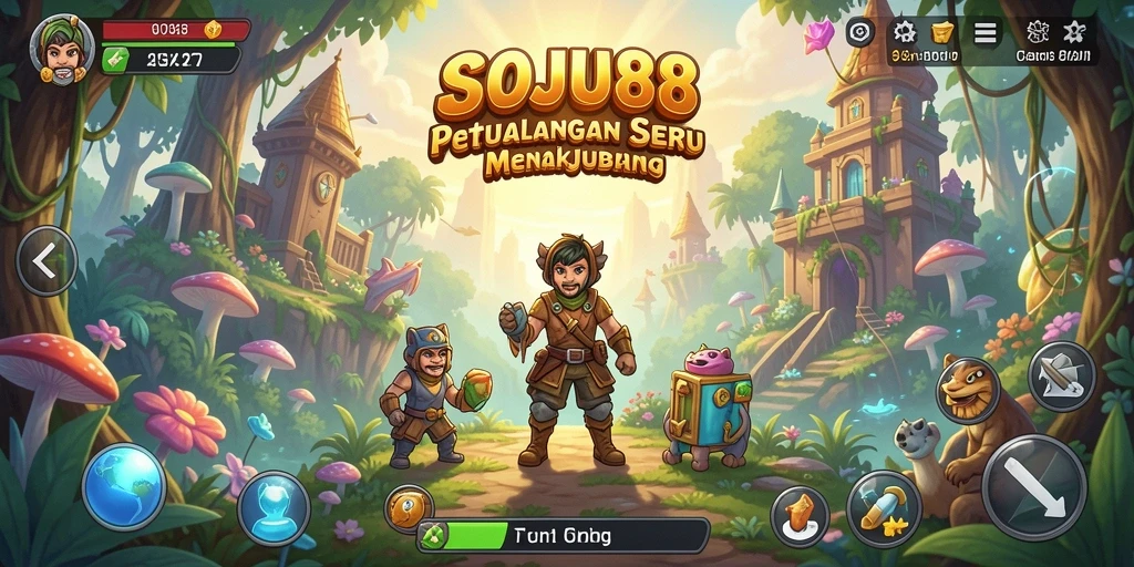 Tampilan gameplay SOJU88 dengan karakter menjelajah dunia petualangan yang menakjubkan.