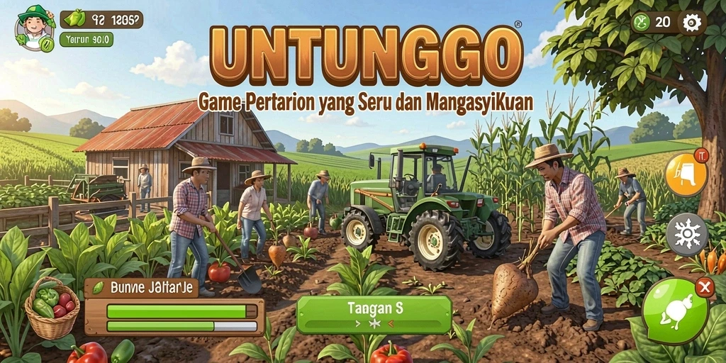 Tampilan gameplay UNTUNGGO yang menggambarkan aktivitas pertanian yang seru.
